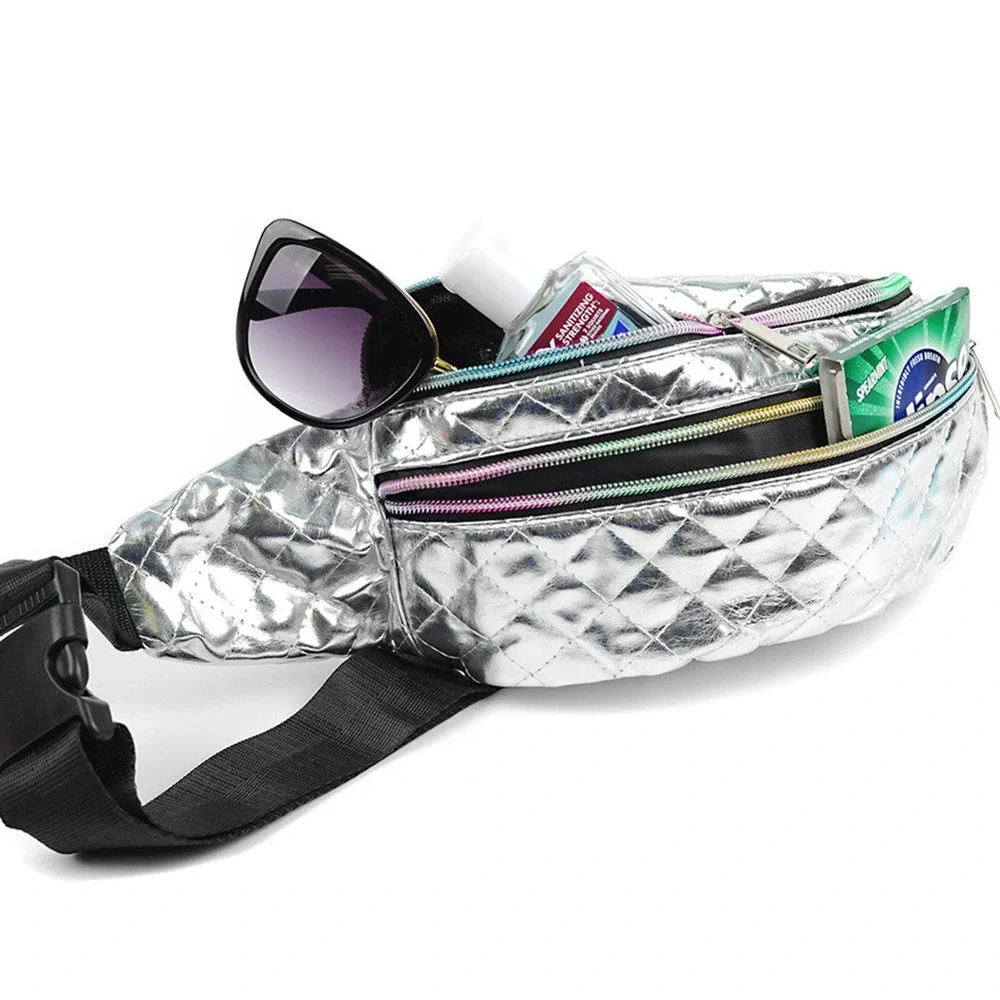 Quilted Metallic Silver Fanny Pack Belt Bag Sling Bag with Iridescent Zippers - Picture 2 of 6
